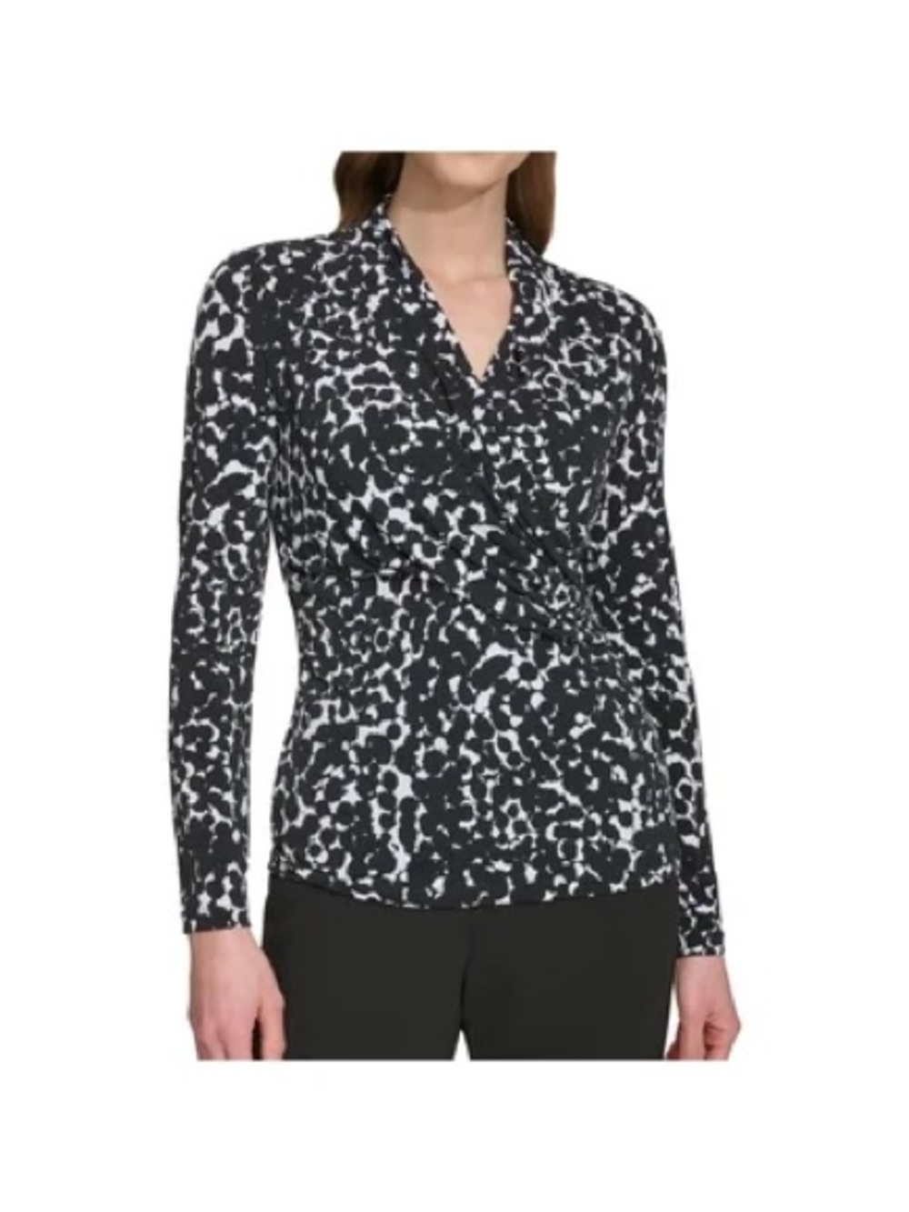 Dkny Black and White Printed Surplice Long Sleeve Black and White Top Size Large